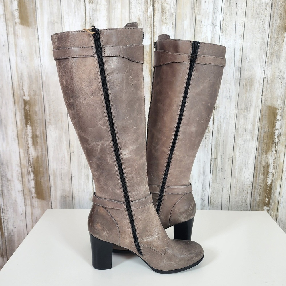 Born BOC Gemini Tall Distressed Leather Boots Sz 8.5 Gray Zip Buckle High Heel - Picture 5 of 16